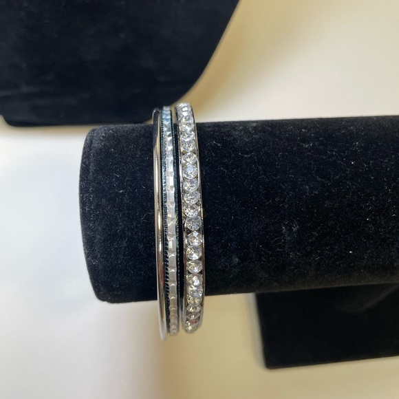 Three Elegant Silver Tone and Crystal Bangle Stacking Bracelets - Picture 1 of 6